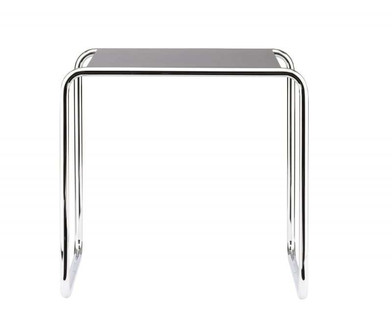 B 9 b Thonet Beistelltisch mit verchromtem Stahlrohrgestell und grauer Tischplatte. Moderner Designklassiker.